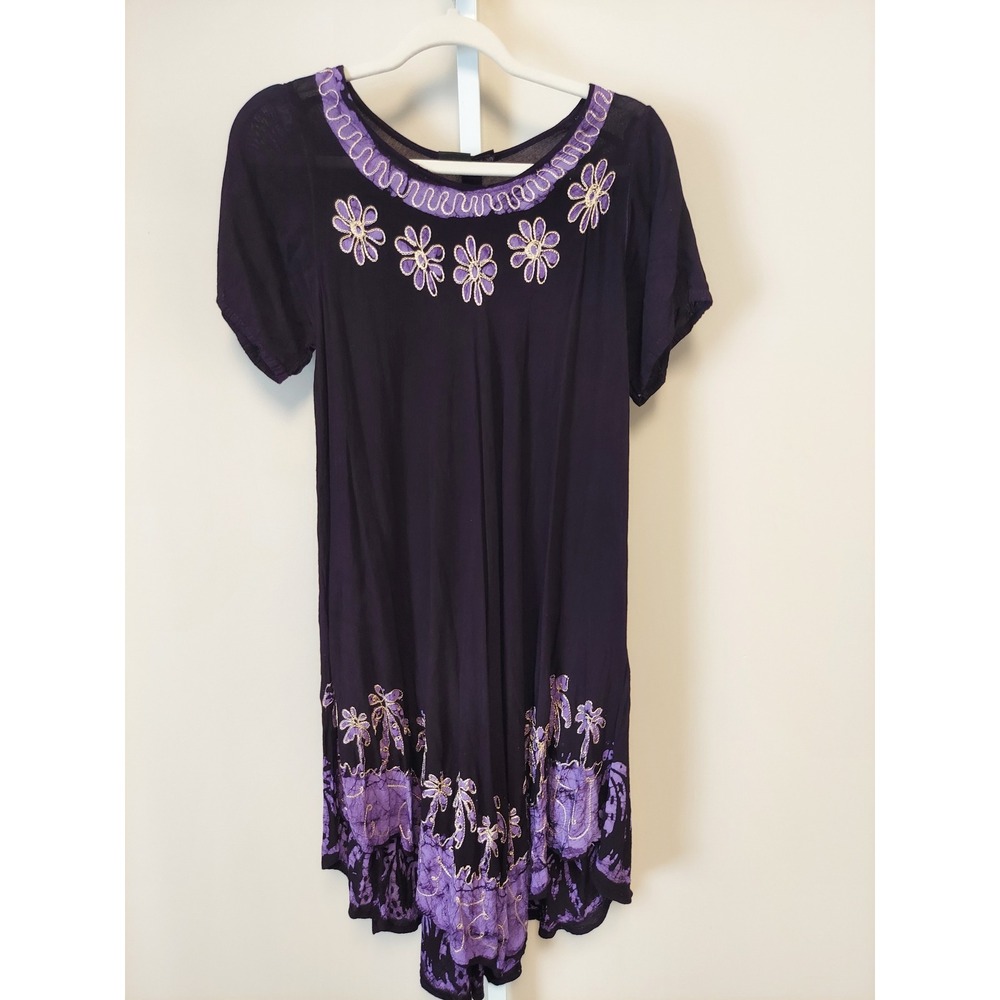 SR Fashion Purple Batik Embroidered Palm Tree Floral Rayon Dress Free Size Boho